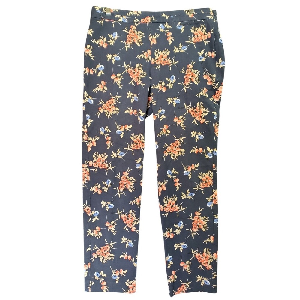J Jill Precision Stretch Ankle Pants Women 10 Navy Blue Floral Side Zip Cottage‎